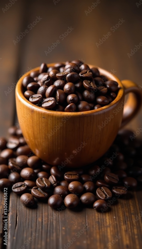 Fototapeta premium Wooden cup overflowing with dark roasted coffee beans , dark, drink, natural