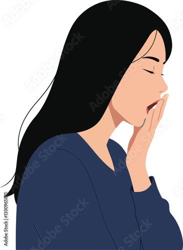 A woman yawning while wearing a blue sweater, depicted in a minimal flat design style, conveying feelings of tiredness and relaxation in vector art