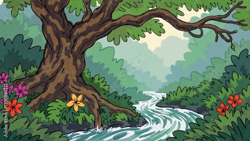Vibrant Cartoon Style Forest Scene with Flowing Stream and Flowers