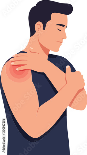 A young man in a dark shirt rubbing his shoulder with a pained expression, showcasing discomfort in a flat vector illustration style depicting physical strain and tension