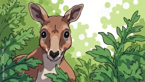 Cartoon Illustration of a Deer in Lush Green Foliage Setting