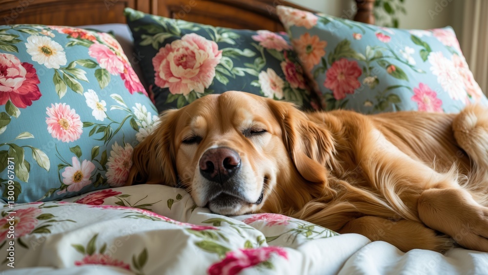 Obraz premium A golden retriever peacefully sleeping on a floral-patterned bedspread surrounded by colorful pillows