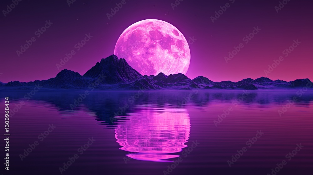 A stunning purple moon above serene water with reflected mountains. A stunning purple moon above serene water with reflected mountains.