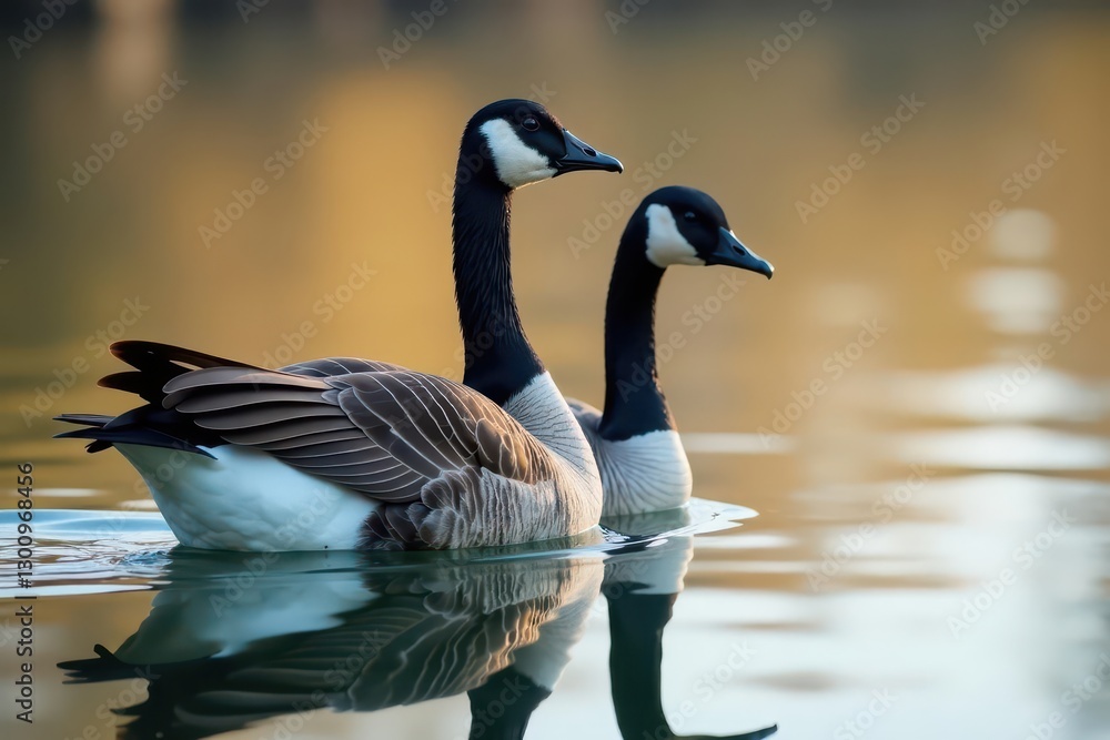 Fototapeta premium Canadian geese glide on calm water, necks arched , autumn, serene, natural habitat