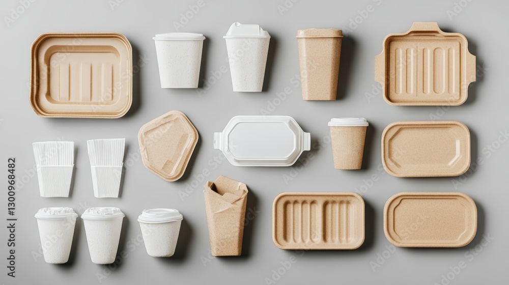 Variety of biodegradable takeout containers displayed in sustainable dining environment Variety of biodegradable takeout containers displayed in sustainable dining environment