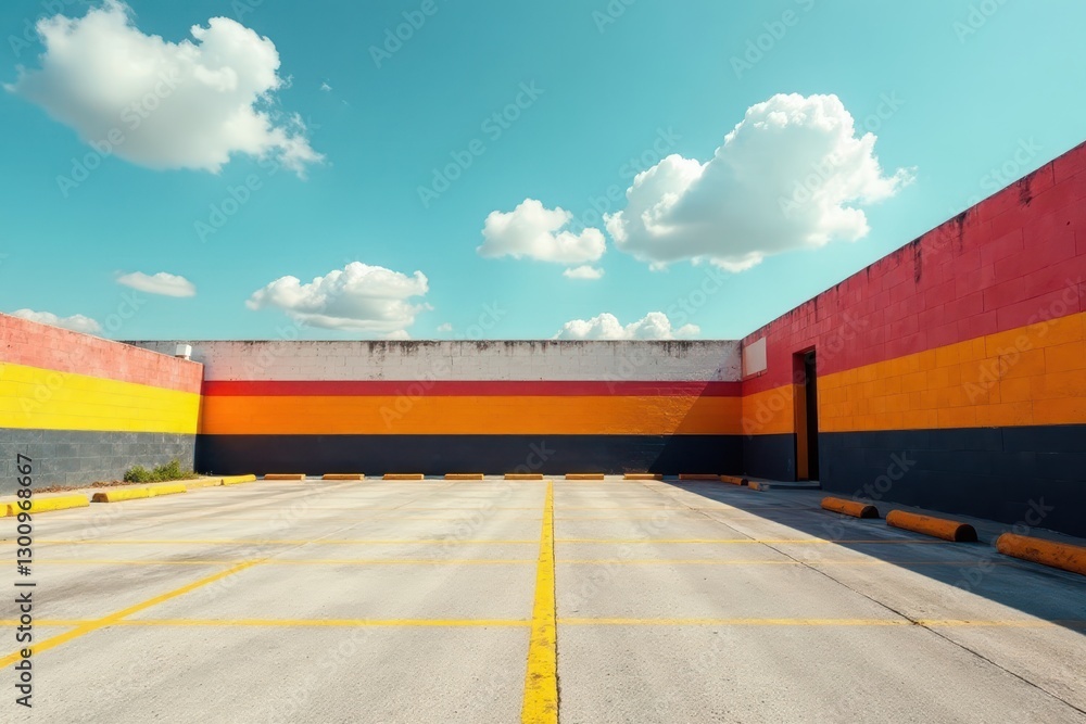 Fototapeta premium Deserted parking area, bold striped wall feature, pattern, sun