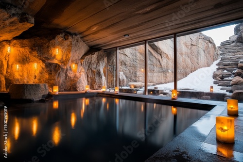 A shadowy hot spring scene with faint candlelight reflecting off the water, set in an ancient stone grotto photo