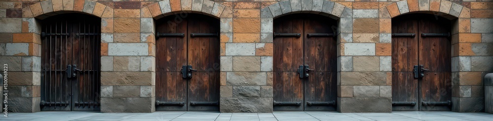 Four imposing prison doors, weathered wood, heavy iron grills, gothic, texture Four imposing prison doors, weathered wood, heavy iron grills, gothic, texture