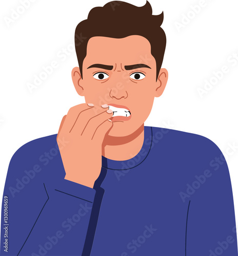 Young man in a blue sweater looking concerned while holding his mouth, flat vector illustration depicting a moment of discomfort