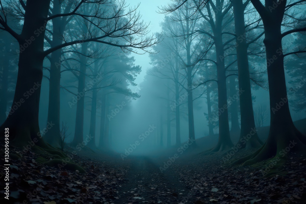 Obraz premium Panoramic view, dark forest, swirling mist, Halloween feel, fantasy, creepy