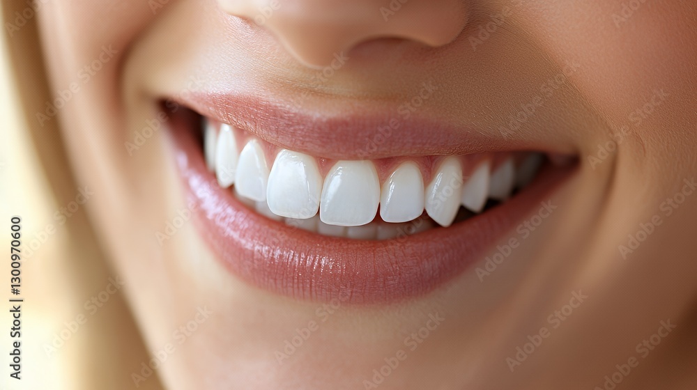 Fototapeta premium Close-up of a smiling woman's mouth showcasing bright, white teeth.