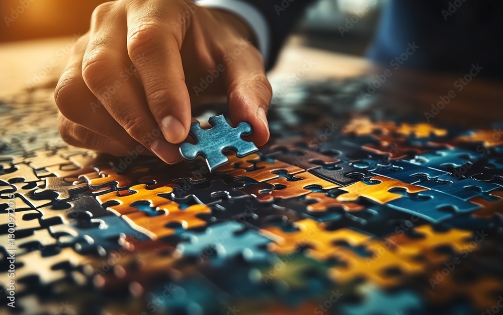 A business executive assembling jigsaw puzzle pieces on a wood desk A business executive assembling jigsaw puzzle pieces on a wood desk