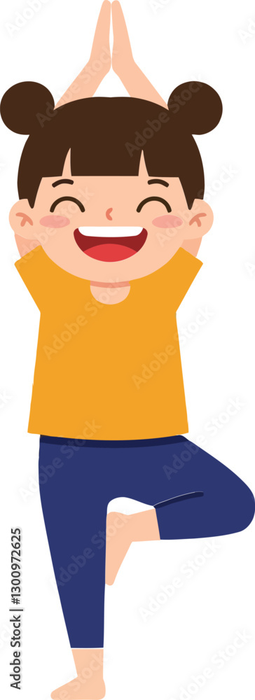 A cheerful girl practicing yoga in a playful pose wearing a bright yellow shirt and blue pants in a flat vector illustration A cheerful girl practicing yoga in a playful pose wearing a bright yellow shirt and blue pants in a flat vector illustration