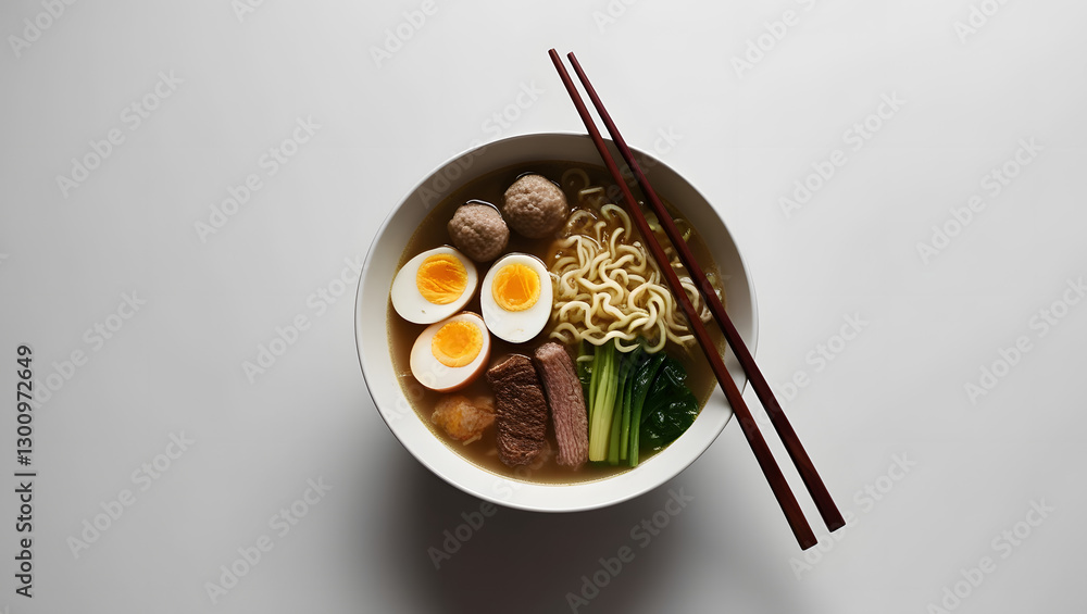 Fototapeta premium A high-quality, high-resolution anime-style vector illustration of a bowl of lighcolored ramen with a couple of chopsticks on a simple white background. The ramen contains broth, noodles, and colorful