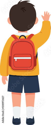 A young boy in a yellow sweater and red backpack waving goodbye in a flat, cheerful vector illustration capturing a sense of adventure and childhood innocence