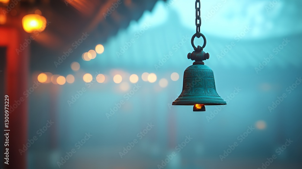 Obraz premium A decorative bronze bell hanging in a misty temple setting.