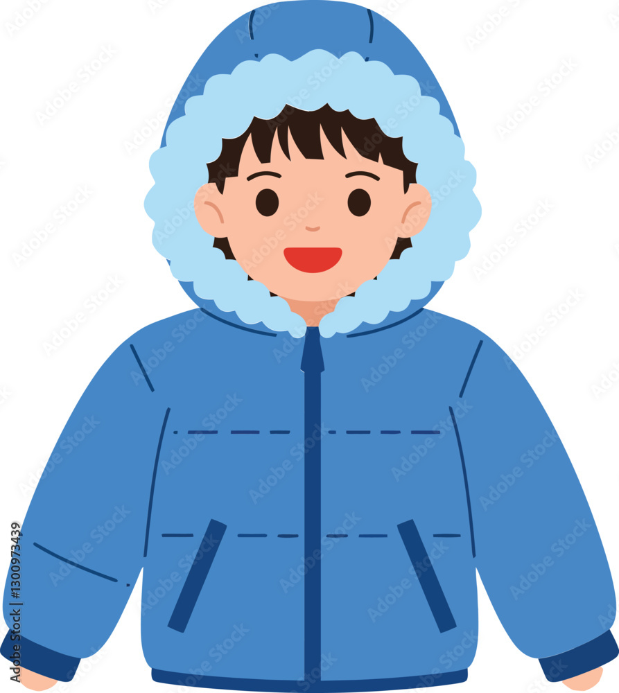 Cheerful boy wearing a bright blue winter jacket with a fluffy hood in a minimal flat design vector illustration Cheerful boy wearing a bright blue winter jacket with a fluffy hood in a minimal flat design vector illustration