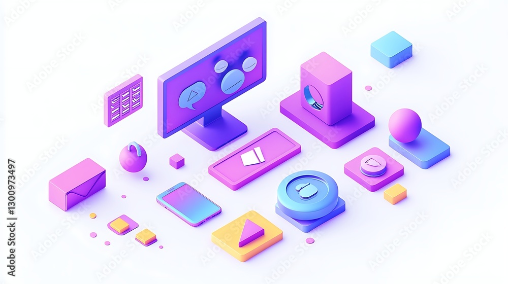 Isometric technology elements illustration for digital marketing and communication design Isometric technology elements illustration for digital marketing and communication design