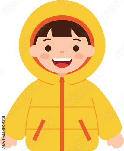 Cheerful child wearing a bright yellow puffer jacket in a minimal flat design vector art style, radiating happiness and warmth in a playful setting.