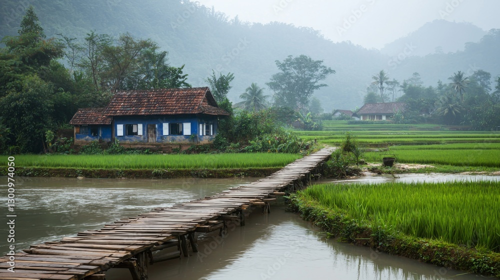 Fototapeta premium A wooden bridge crossing a serene river, leading to a charming house surrounded by green rice terraces. 