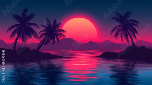 Vibrant sunset over calm waters with silhouettes of palm trees and distant mountains.