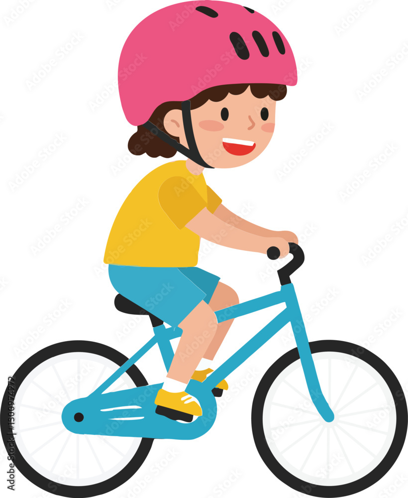 Young child riding a blue bicycle with a pink helmet in a cheerful, flat design vector illustration showcasing joy and outdoor activity