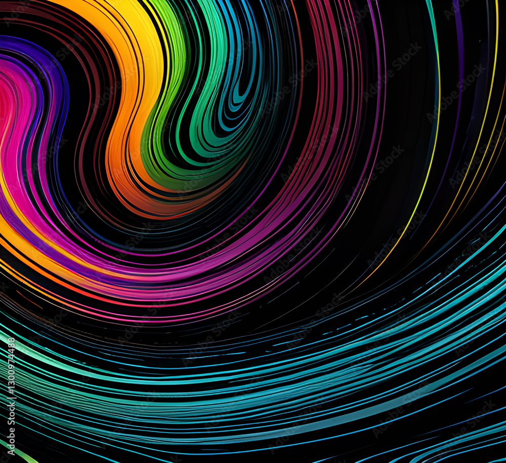 Fototapeta premium Сurves with colorful reflections create a mesmerizing abstract pattern on a black background.generative ai