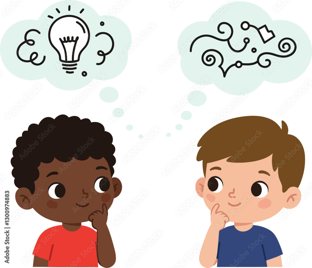 Two curious boys with thoughtful expressions sharing creative ideas in a flat and colorful vector illustration, showcasing imagination and collaboration in a playful setting