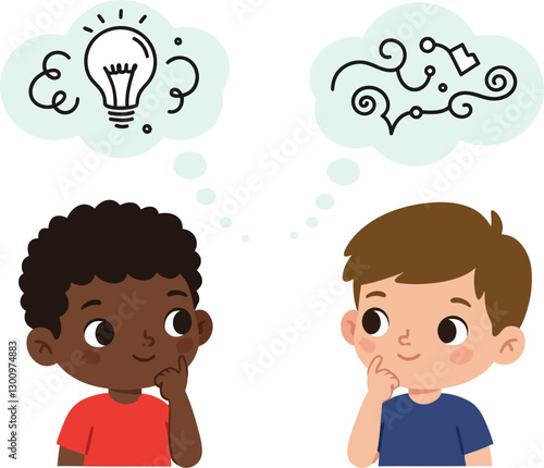 Obraz na płótnie Two curious boys with thoughtful expressions sharing creative ideas in a flat and colorful vector illustration, showcasing imagination and collaboration in a playful setting w salonie