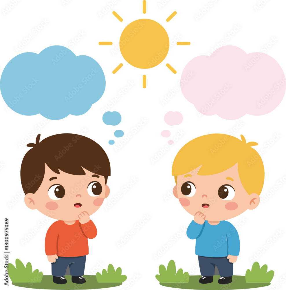 Two curious children pondering ideas with colorful thought bubbles in a bright, cheerful outdoor setting, illustrated in a cute, flat vector art style Two curious children pondering ideas with colorful thought bubbles in a bright, cheerful outdoor setting, illustrated in a cute, flat vector art style