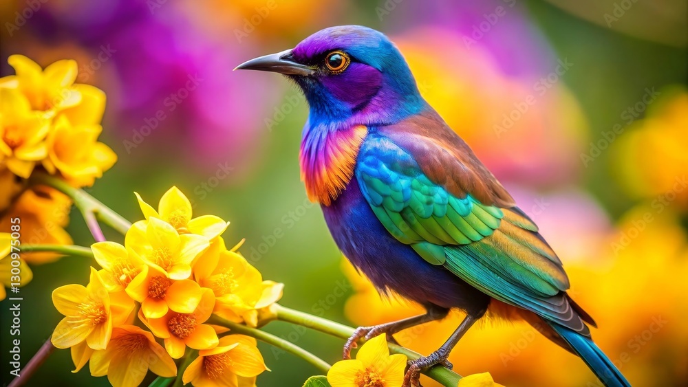 Vibrant feathered creature perched gracefully amidst a profusion of bright yellow blossoms, showcasing iridescent plumage in a captivating display of nature's artistry. Vibrant feathered creature perched gracefully amidst a profusion of bright yellow blossoms, showcasing iridescent plumage in a captivating display of nature's artistry.