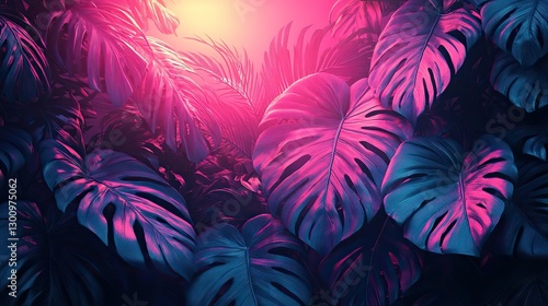 Neon pink and mint tropical leaves create a background texture with a futuristic, surreal, solarized vaporwave plants pattern.