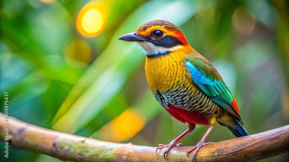 Obraz premium Vibrant Plumage of a Tropical Bird Perched on a Branch in Lush Foliage