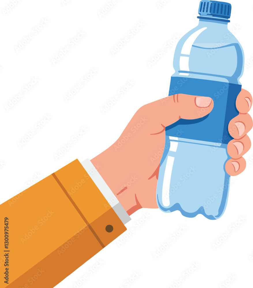 A hand holding a clear plastic water bottle in a blue sleeve, featuring a flat design style, showcasing hydration and wellness in vector art
