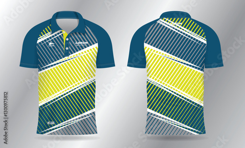 abstract blue and yellow polo jersey shirt mockup template design for badminton, tennis, soccer, football or sport uniform in front view and back view.	