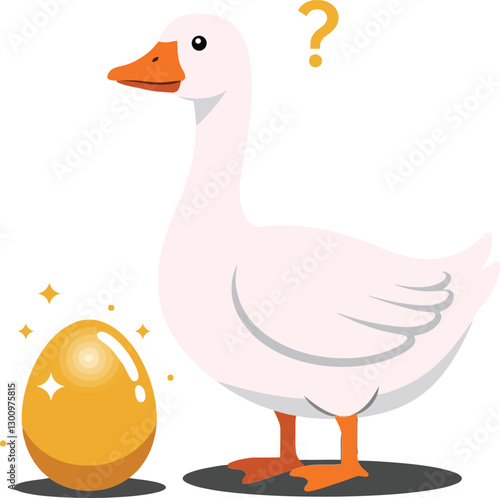 A curious white goose standing beside a shiny golden egg in minimal flat vector art style, expressing wonder and surprise in a whimsical setting