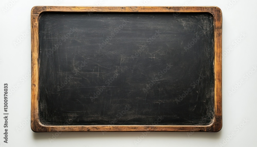 Top view of a frameless black chalkboard with soft edges, dark wood material, isolated on white background, ideal for text or graphics placement Top view of a frameless black chalkboard with soft edges, dark wood material, isolated on white background, ideal for text or graphics placement