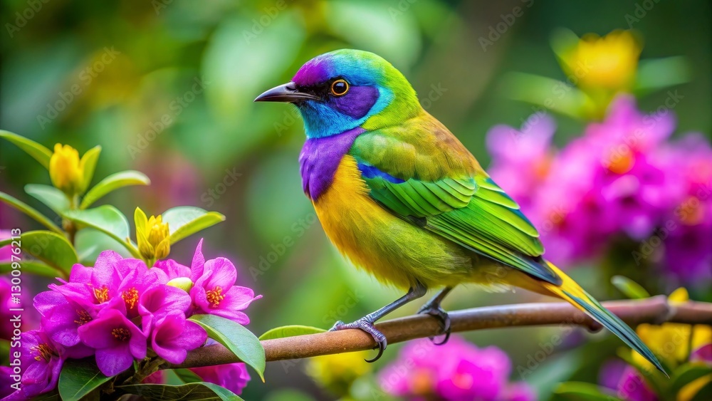 Vibrant Avian Jewel Perched on a Branch Amidst a Lush Garden of Blossoms Vibrant Avian Jewel Perched on a Branch Amidst a Lush Garden of Blossoms
