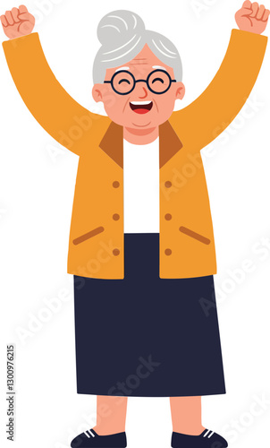 Happy elderly woman celebrating joyfully with raised arms, wearing glasses and a yellow coat in a cheerful flat vector illustration