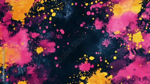 abstract background with tie-dye patterns in vibrant pink and yellow hues, resembling the splatter of paint on black fabric. The colors should blend seamlessly to create a dynamic visual effect