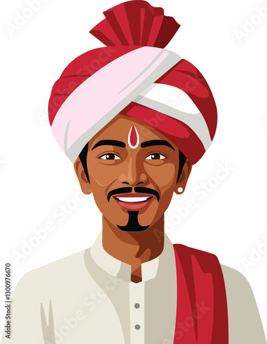 Young man wearing a traditional turban and attire, smiling joyfully in a flat vector art style, showcasing cultural heritage and pride in the image