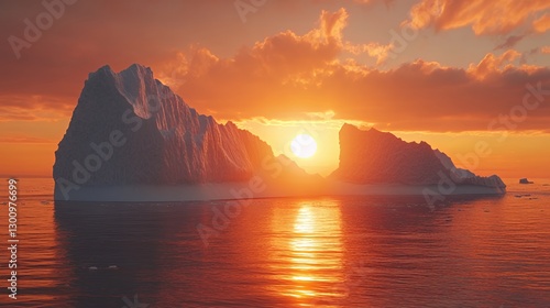 Majestic iceberg silhouetted by a vibrant sunset over calm waters.