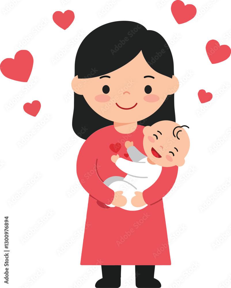A smiling woman in a red dress lovingly cradles a baby surrounded by hearts in a cheerful flat vector illustration A smiling woman in a red dress lovingly cradles a baby surrounded by hearts in a cheerful flat vector illustration