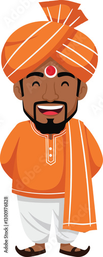 Cheerful man in traditional Indian attire with orange turban and white dhoti, smiling joyfully in a flat vector illustration