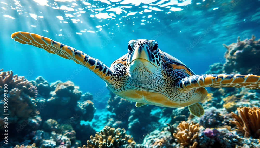 Obraz premium Sea Turtle Swimming in Blue Ocean with Coral Reef Sunlight