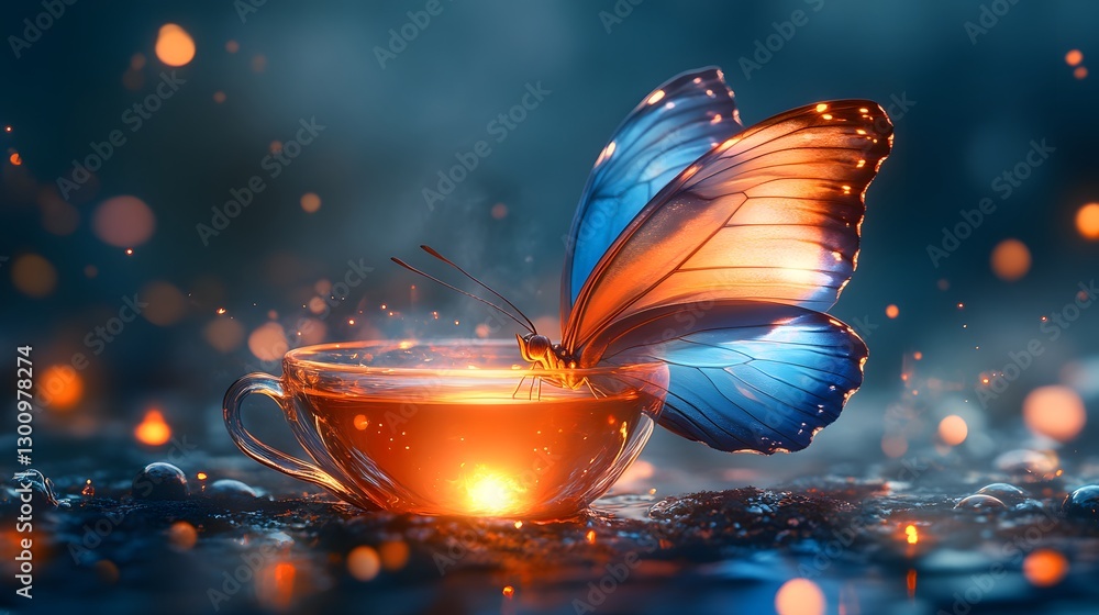 Butterfly Landing on a Cup of Warm Drink with Glowing Ambiance