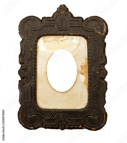 A vintage paper photo frame for tintypes is seen where a photo can be inserted into the oval opening.  This is a photograph upscaled with AI.