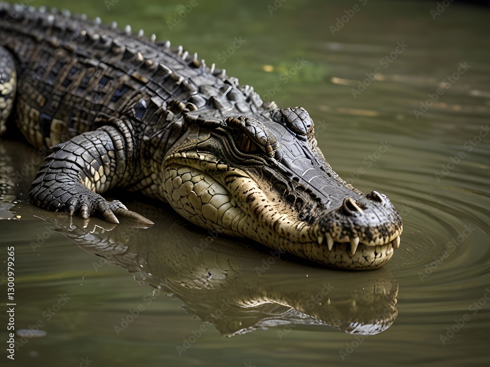 A crocodile resting partially submerged in murky water, its rugged scales and piercing eyes visible above the surface, giving an intimidating yet majestic presence in its natural habitat.
A crocodile resting partially submerged in murky water, its rugged scales and piercing eyes visible above the surface, giving an intimidating yet majestic presence in its natural habitat.