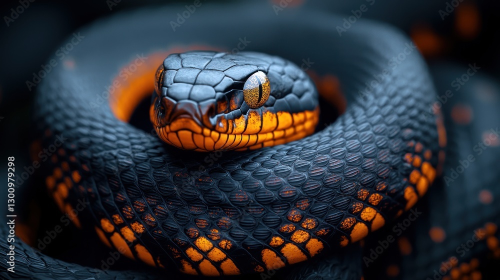 Fototapeta premium Close-up of coiled venomous snake, jungle backdrop, dangerous