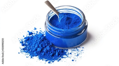 Blue Powder in Jar with Spoon on White Background photo